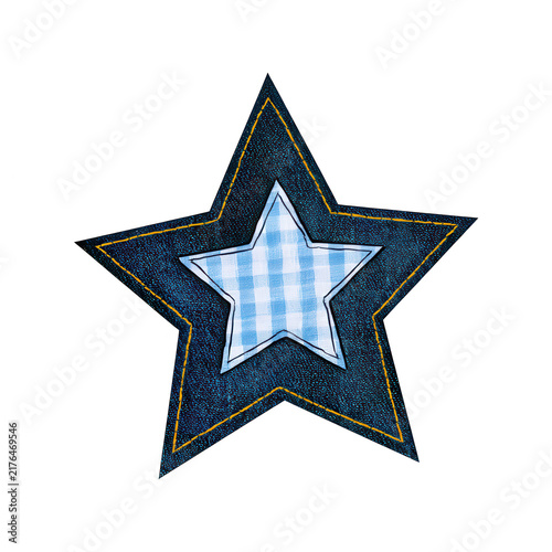 Double layered star patch with blue gingham and dark glitter fabric texture isolated design