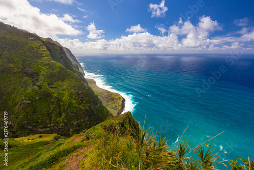Картината върху платно Panoramic ocean view from a verdant cliffside under a blue sky with clouds in Ma
