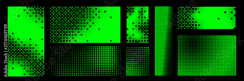 Set of bitmap pixel background with green gradient pattern and 8bit art. Glitch video game design.