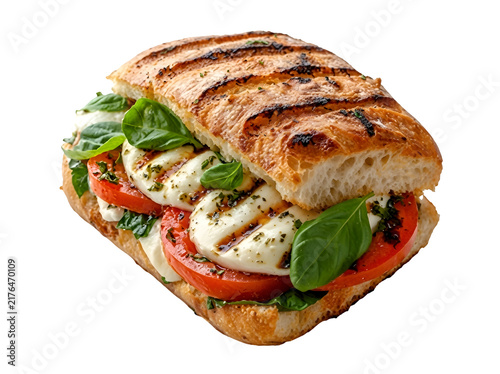 Grilled Caprese Panini Sandwich with Fresh Mozzarella, Tomato and Basil on White Background on white background, Isolated on Transparent Background, PNG, Generative AI