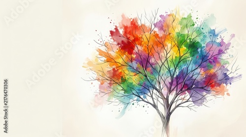 A vividly painted watercolor tree displays a stunning array of colorful leaves and foliage set against a delicate soft white backdrop