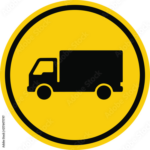 Truck icon inside yellow circular road sign simple flat vector design element for transportation and logistics isolated on white background