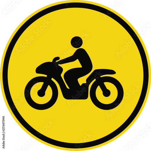 Motorcycle warning road sign yellow round traffic symbol with black silhouette isolated vector icon for transport design