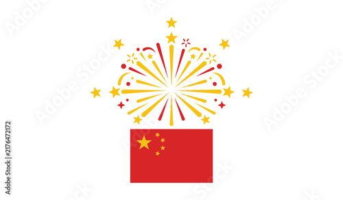 Festive fireworks display exploding above the national flag of china on a clean white background for celebration