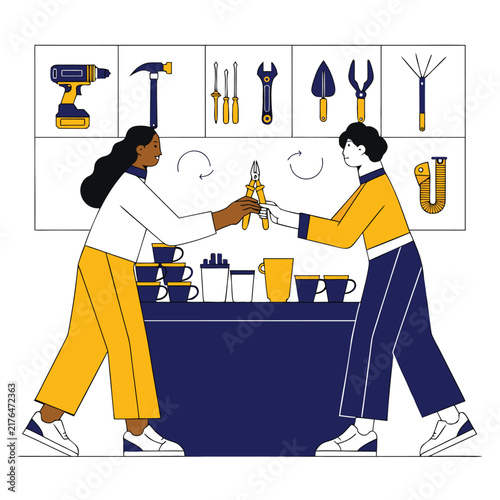 Tool Sharing & Repair Workshop Vector Illustration – DIY Community Hardware Library