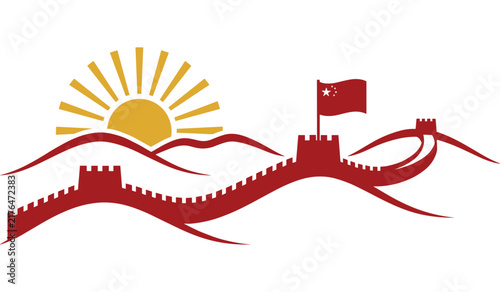 A stylized illustration of the great wall of china with a rising sun and red flag background