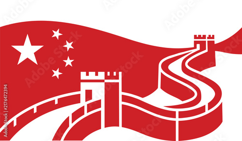 A stylized graphic illustration featuring the great wall of china integrated with the national flag of china