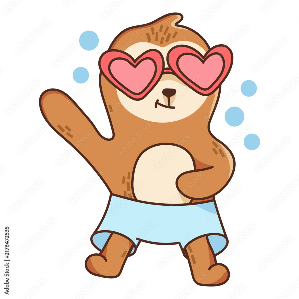 Fototapeta premium Cute sloth with heart glasses color stroke