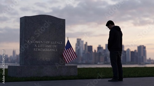 Patriotic 9/11 memorial monument, man mourning at granite headstone with American flag, somber city skyline at dusk