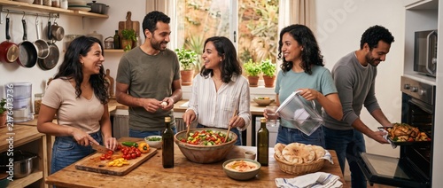 Diverse Group Of Friends Preparing Healthy Meal Together At Home