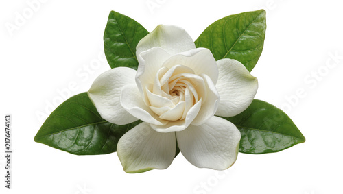 Cuadro en lienzo Delicate white gardenia flower with green leaves, isolated on transparent backgr