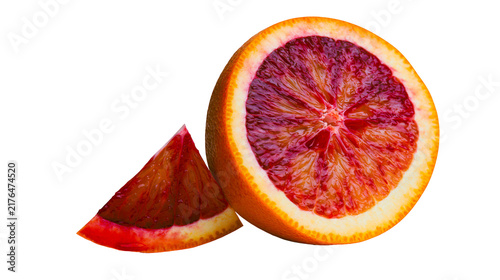 Bild auf Leinwand Vibrant blood orange half and wedge showing deep red flesh, isolated on transpar