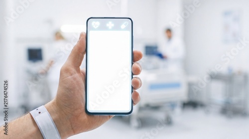 Patient holding a smartphone with a blank medical interface inside a modern hospital room with holds smartphone displaying patient wearing wristband blurred hospital setting patient care treatment