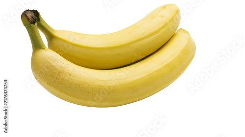 Obraz na plátně Two ripe yellow bananas smooth skin with subtle brown spots, isolated on transpa