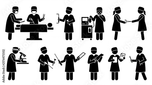 Set of medical surgeon silhouettes performing various surgical procedures and healthcare tasks with tools with staff performing operations black silhouettes surgeons operations using professional