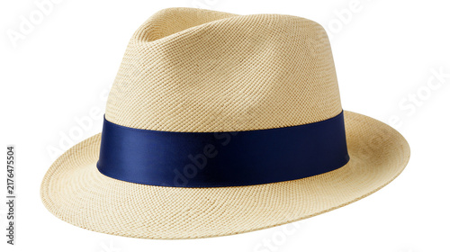 Fotografía Woven straw fedora hat with navy blue ribbon band, isolated on transparent backg