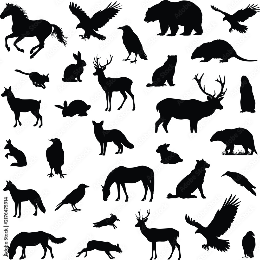 Fototapeta premium Set of wild animal silhouettes including deer, horses, bears, rabbits, wolves, and birds