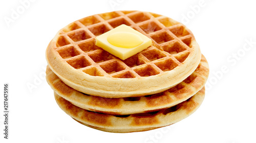 Stack of golden brown waffles with a square of melting butter, isolated on transparent background