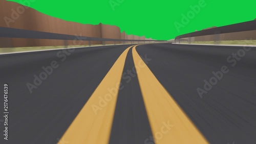 3D two-lane road moving forward on play showing motion, yellow lines curving right, transparent bg