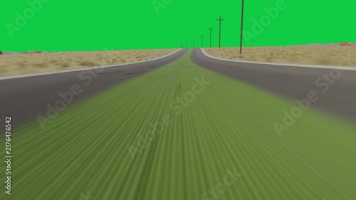 On play moving low cam forward, green center strip receding, showing motion on transparent backdrop