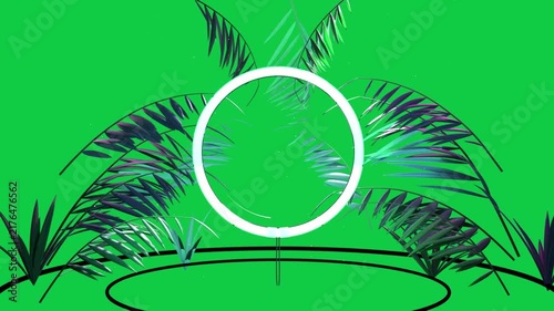 Initial dim starting neon hoop dimming and regaining glow to show leaves, looping on transparent bg