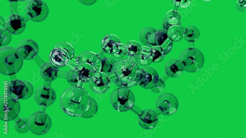 Camera dollying and rotating, 3D glass molecule drifting, revealing refractions on transparent void