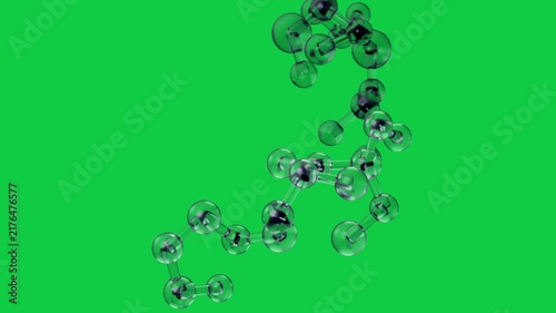 Molecule chain rotating, camera zooming, panning close, showing bond junction on transparent bg