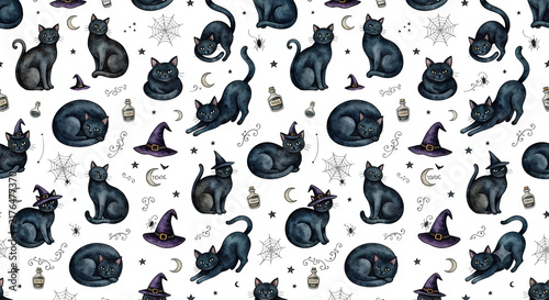 black cat pattern on white background. seamless pattern for halloween theme