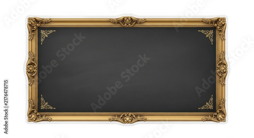Ornate gold picture frame with black chalkboard center isolated on white background