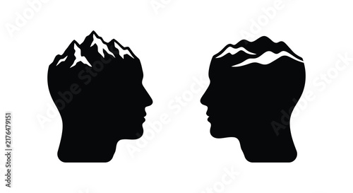Foto Two human head silhouettes contain mountain range landscapes within their profil