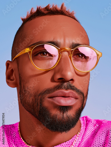 Minimal close-up in translucent round glasses reflecting green and pink light. Perfect for optical branding, beauty editorials, and modern fashion ads.