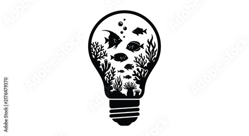 Konstfotografi Lightbulb silhouette contains a detailed underwater scene with coral and fish