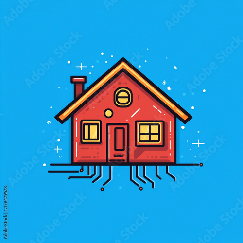 Smart house concept with electronic circuit board lines and digital elements digital home automation network lines blue background red house