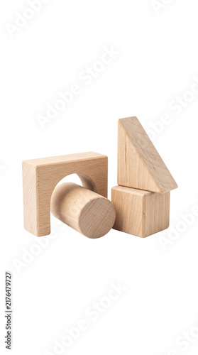Natural Wooden Geometric Toy Blocks Isolated on White Transparent Background