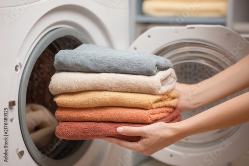 Towels being placed into a dryer after a laundry wash in a home setting