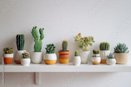 Cacti and succulents arranged neatly on a shelf in a light room during daytime