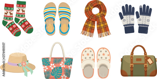 Winter and Summer Fashion Accessories Collection Vector Illustration Set