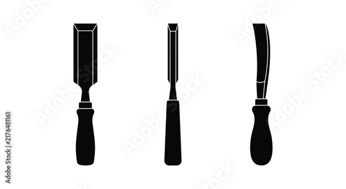 Foto Three wood chisels displayed as black silhouettes against a white background