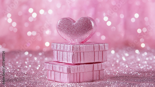 Two stacked pink gift boxes crowned with a glittery heart shape on a shimmering pink bokeh surface pink background sparkling bokeh valentines day
