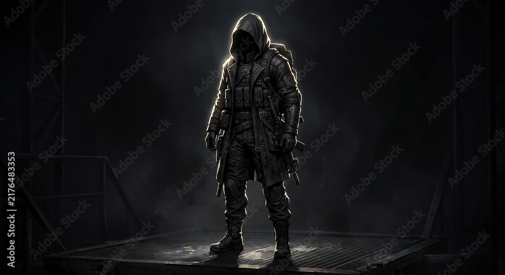 Fototapeta premium Hooded tactical soldier standing on dark wooden platform under dramatic spotlight in industrial setting