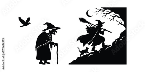 Fotografie Vintage black and white silhouette illustration of a witch with a broomstick a cat and a bird for Halloween designs