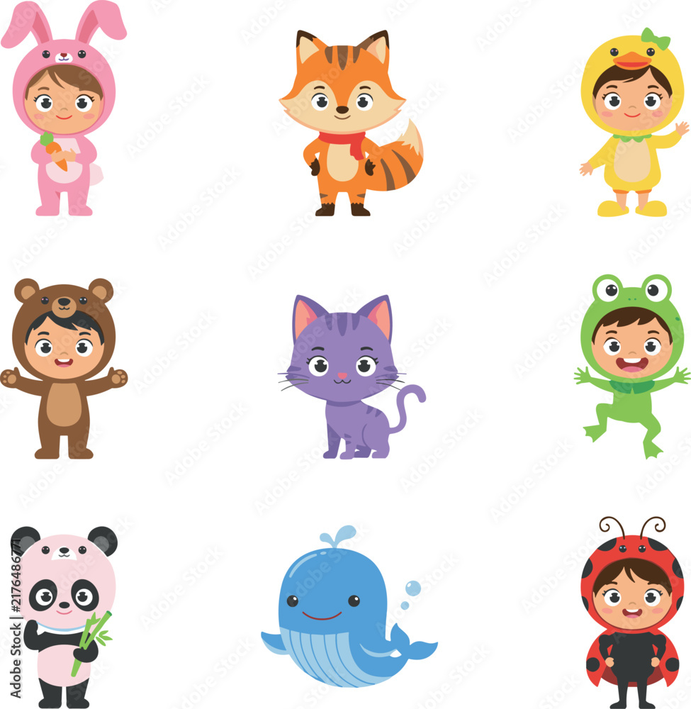 Fototapeta premium Vector Cute Kids in Animal Costumes Icon Set Featuring Bunny Fox Duck Bear Cat Frog Panda Whale and Ladybug Outfits for Halloween and Kindergarten Designs