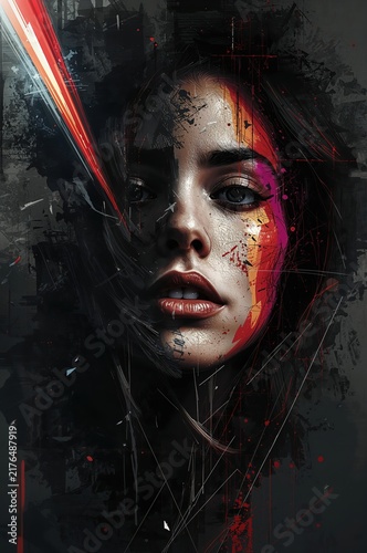 Abstract mixed media woman portrait with expressive textures and dramatic cinematic light leaks