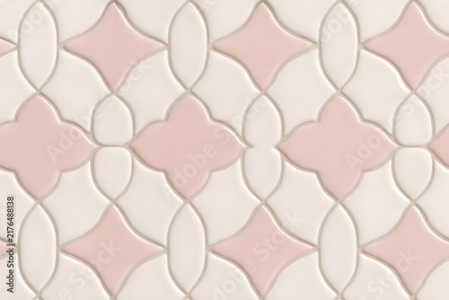 Pastel Pink and Cream Moroccan Tile Pattern Ceramic Wall Backsplash With Glossy Quatrefoil Texture

