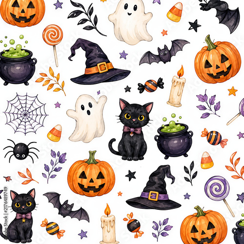halloween seamless pattern on white background
