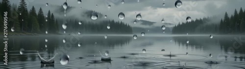 Rainy weather and nature tranquility concept heavy rain falling on a calm mountain lake surface with pine forest background slow motion.