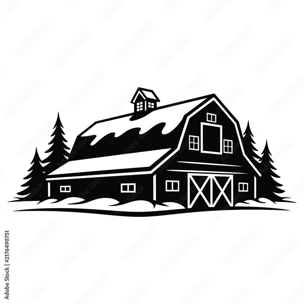 Naklejka premium A detailed barn and evergreen trees illustration presented as a black silhouette