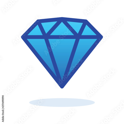 Blue diamond vector icon isolated on white background. Flat design precious stone gem symbol with thick dark outline and shadow. Premium luxury jewelry crystal graphic game asset element.