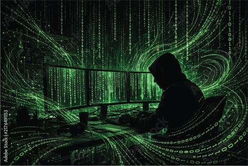 Cyber Hacker Silhouette Working In Dark Room Digital Matrix Code Background
