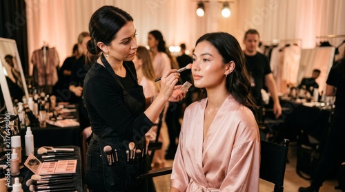 Makeup artist skillfully enhancing model's beauty during a vibrant fashion show event